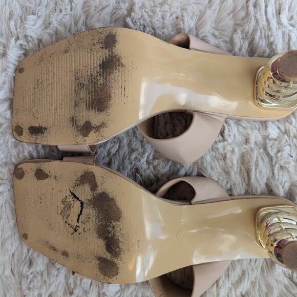 Beige faux leather sandals with gold ball heels - Picture 6 of 7